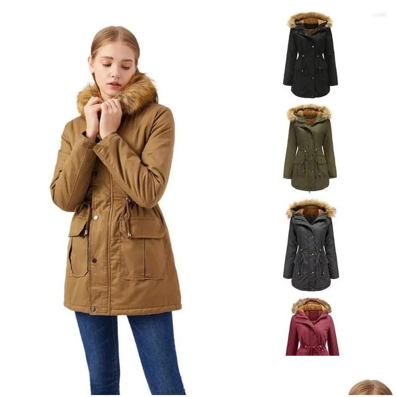 Women`S Down & Parkas Womens Winter Cotton Coats Big Artificial Fur Warm Green Adjustable Waist Outwear Women Flannel Jacket Drop Deli Dh8Hr