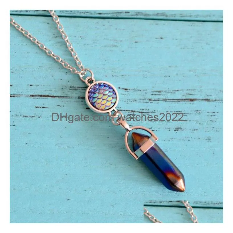 Pendant Necklaces Crystal Pendum Pendants With Sier Chain For Women Fashion Mermaid Fish Scale Hexagon Design Chakra Natural Stones Je Dhqm3