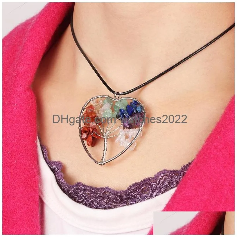 Pendant Necklaces Tree Of Life Necklace Mticolor Chakra Natural Stone Gemstone Rope Chain Women Heart Pendum Fashion Crystal Jewelry D Dhx2Z
