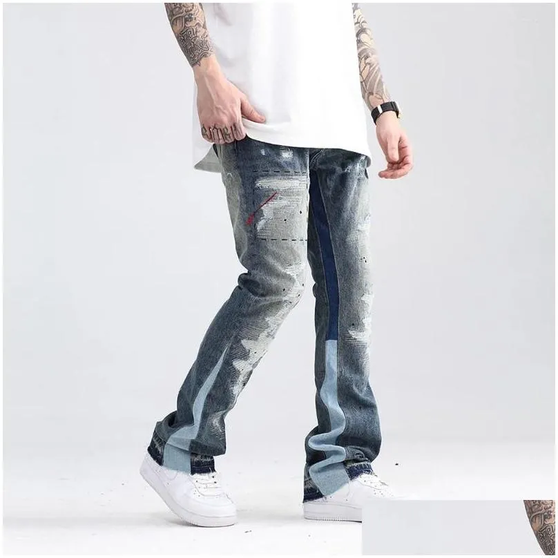 Men`S Jeans Mens Blue Le Ink Washed Destroyed Flared Jean Pants Hip Hop Iti Ripped Denim For Men Streetwear Vintage Wide Drop Deliver Dh7F2