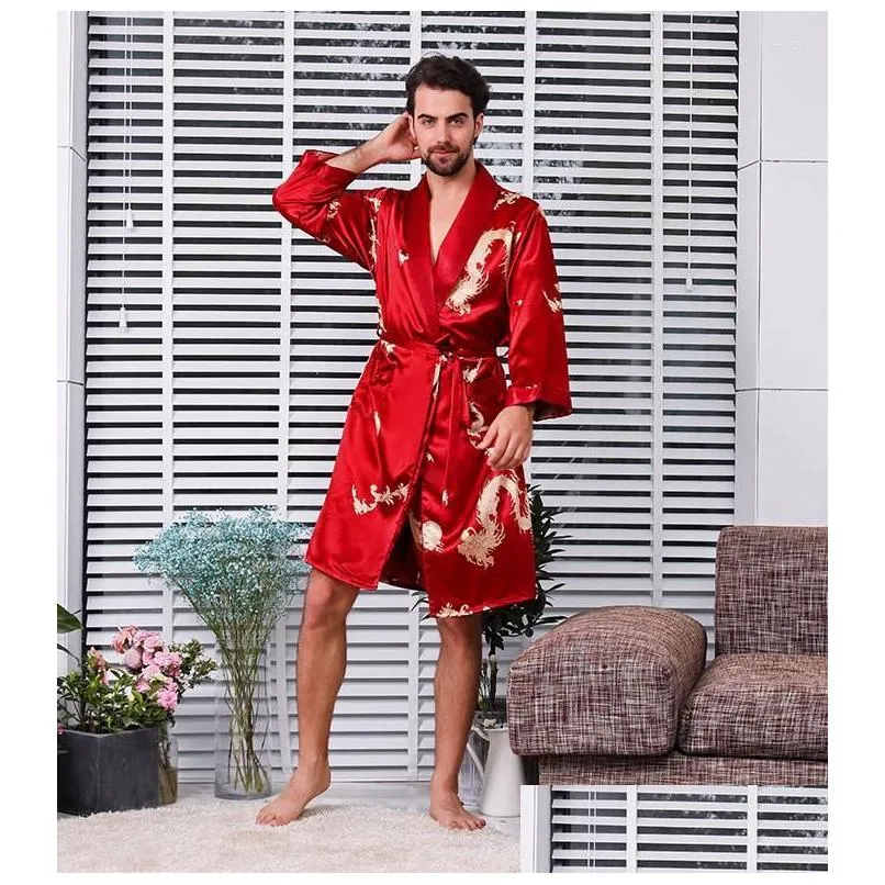 Men`S Sleepwear Mens Black Men Robe Kimono Gown Male Satin Nightwear Long Sleeve Bathrobe Print Pajamas Drop Delivery Apparel Underwe Dhfiy