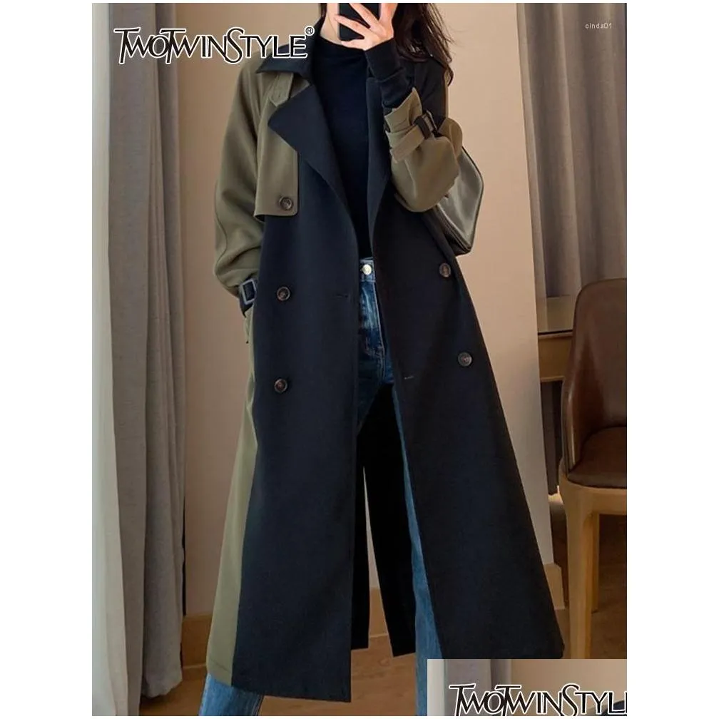 Women`S Trench Coats Womens Twotwinstyle Hit Color Temperament For Women Lapel Long Sleeve Work Single Breasted Temeprament Windbreake Dhxum