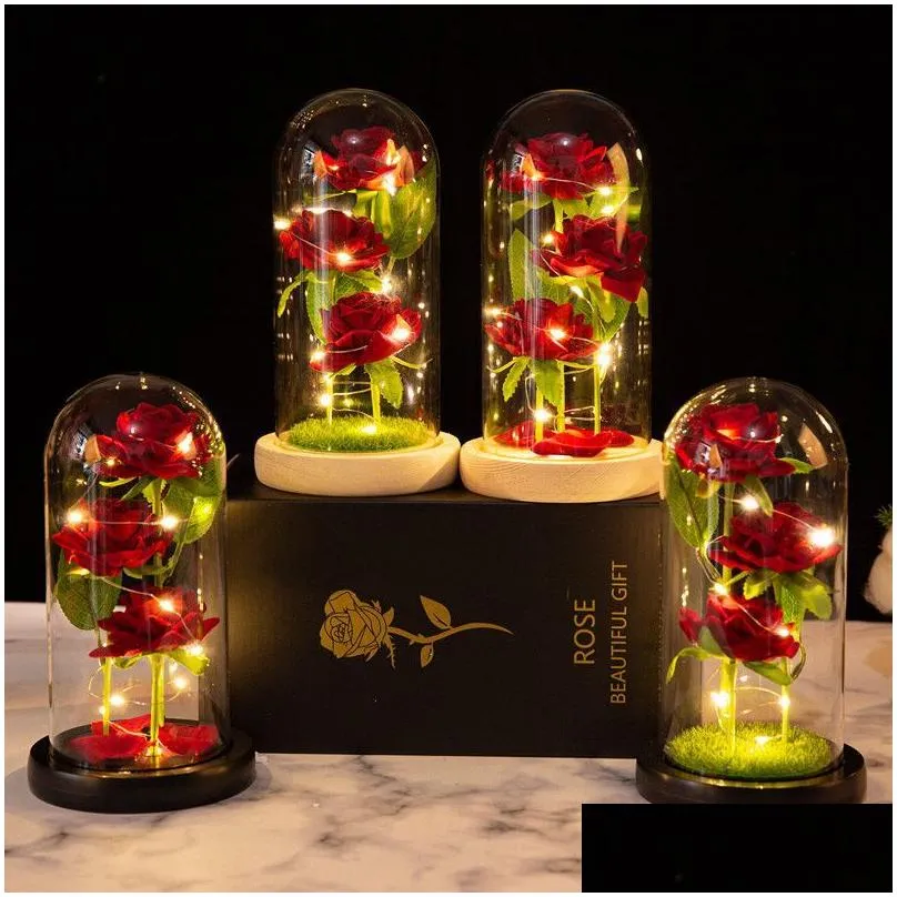 Decorative Flowers & Wreaths Artificial Eternal Cloth Rose Led Light Beauty The Beast In Glass Er Home Decor For New Year Valentines C Dhrxv