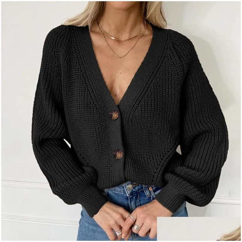 Women`S Wool & Blends Womens Women Solid Casual Sweater Oversize V Neck Knitted Cardigans 2021 Autumn Button Female Coat Drop Delivery Dhqde