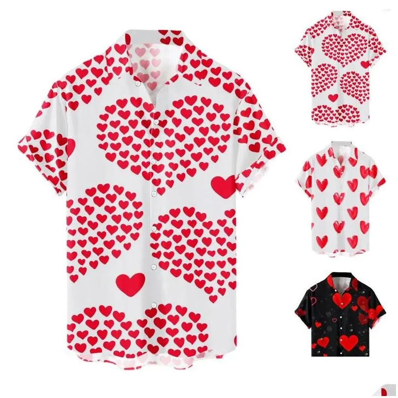 Men`S T-Shirts Mens T Shirts Heart Love Dots Print Men Shirt Summer Short Sleeve Blouse Button White Valentine Day Clothes Party Socia Dhjb5