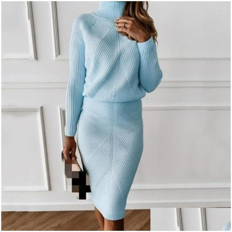 Work Dresses Autumn Womens Knitting Costume Turtleneck Solid Color Plover Sweater Slim Skirt Two-Piece Set Drop Delivery Dhb9Q