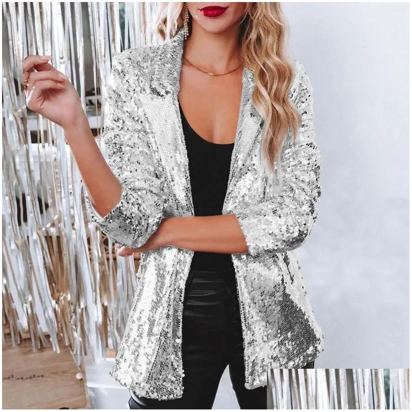 Women`S Jackets Womens Spring Autumn Blazers Women Sequins Blazer Sequin Shimmer Jacket Casual Long Sleeve Glitter Party Shiny Lapel C Dhp6Z