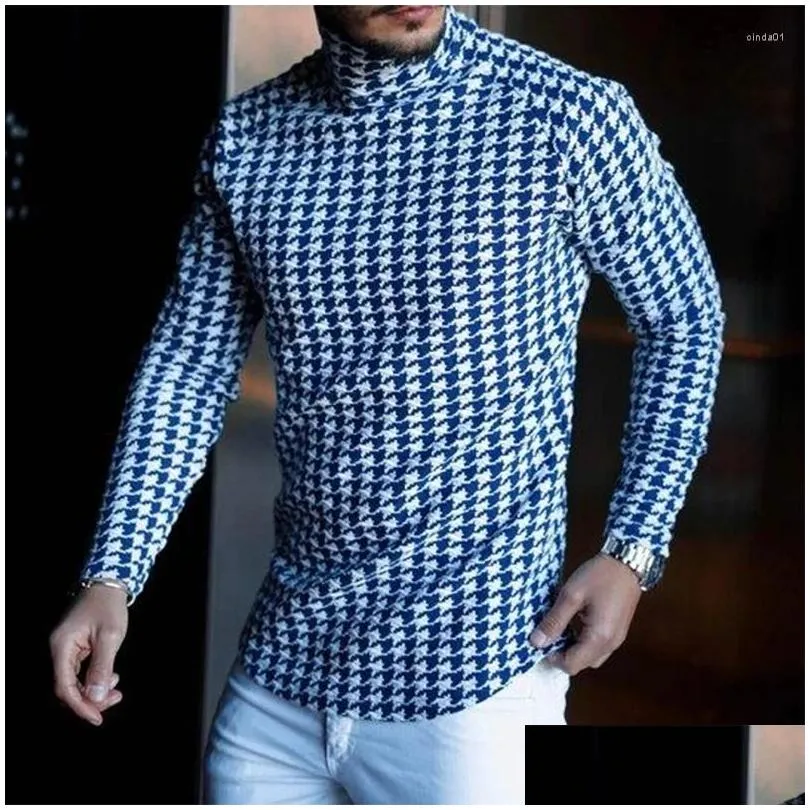 Men`S T-Shirts Mens T Shirts Autumn Casual Plaid Print Shirt Spring Fashion Turtleneck Plover Tops Male Long Sleeve Slim Tee Streetwea Dhrqq