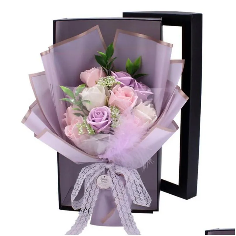 Decorative Flowers & Wreaths 11Pcs Handmade Creative Soap Rose Bouquet Gift Box Simation Flower Valentines Day Birthday Drop Delivery Dh8Vz