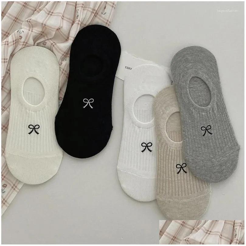 Women Socks Sock Slippers Summer Simple Solid Color Bow Embroidery Invisible For Woman Thin Anti-slip Silicone No Show