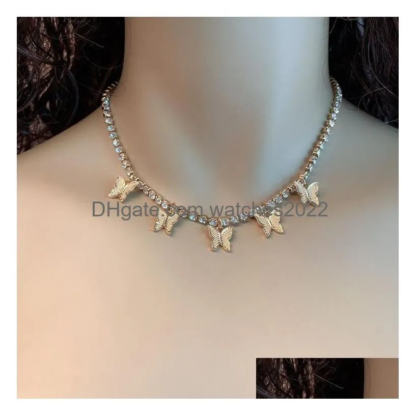 Pendant Necklaces Iced Out Chains Butterfly Necklace Luxury Women Gold Sier Animal Simplewhite Pink Rhinestone Bling Choker Jewelry Dr Dhteh