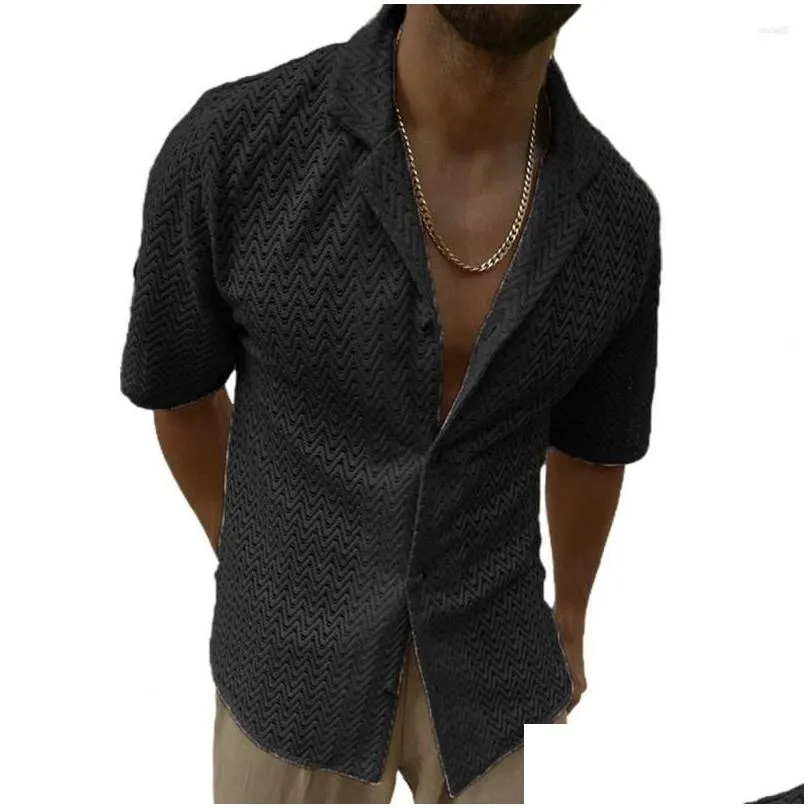 Men`S Casual Shirts Mens Men Summer Shirt Solid Color Hollow Out Lapel Single Breasted Placket Short Sleeve Top Drop Delivery Apparel Dhxma