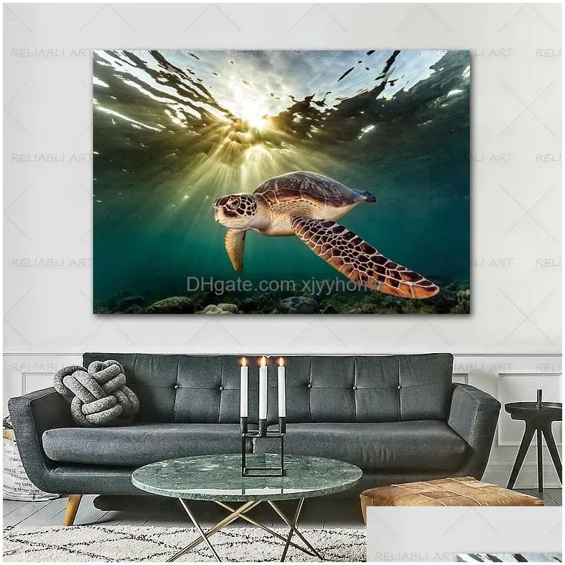 Paintings Sea Turtle Painting Art Print Ocean Poster Wall Picture For Bathroom Decoration Kids Bedroom Decor Canvas Prints Drop Delive Dhvlq