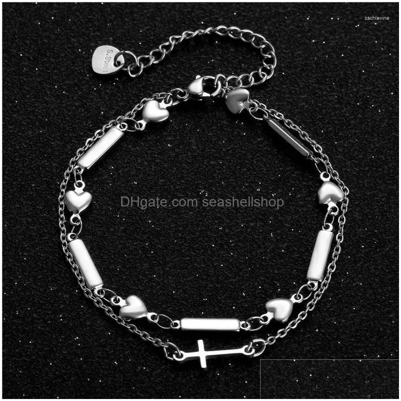 Chain Link Bracelets Fashion Korean Drip Oil Geometric Double Layer Jesus Christmas Gift Cross Bracelet Drop Delivery Jewelry Dhn5D