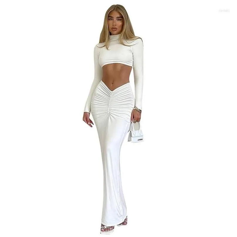 Work Dresses Women Dress Two Piece Set Elegant White Long Sleeve Crop Tops And Ruched Pencil Skirts Party Clubwear Drop Delivery Dhasy