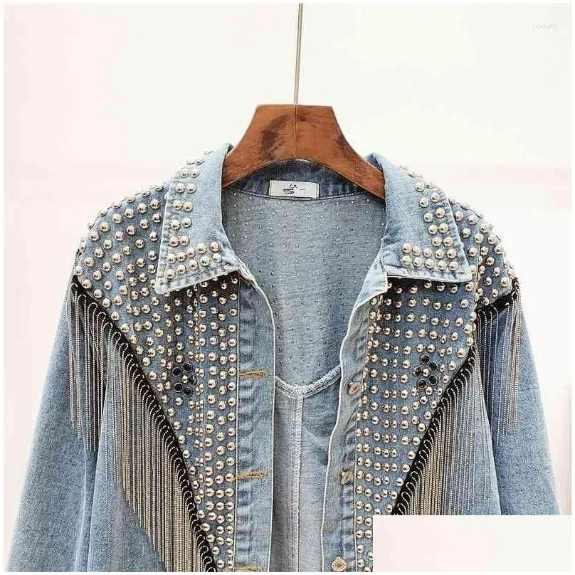 Women`S Jackets Womens Spring Summer Woman Denim Coat Beading Rivet Vintage Boyfriend Style Jacket Female Chic Fashion Long Sleeve Dro Dhz3P