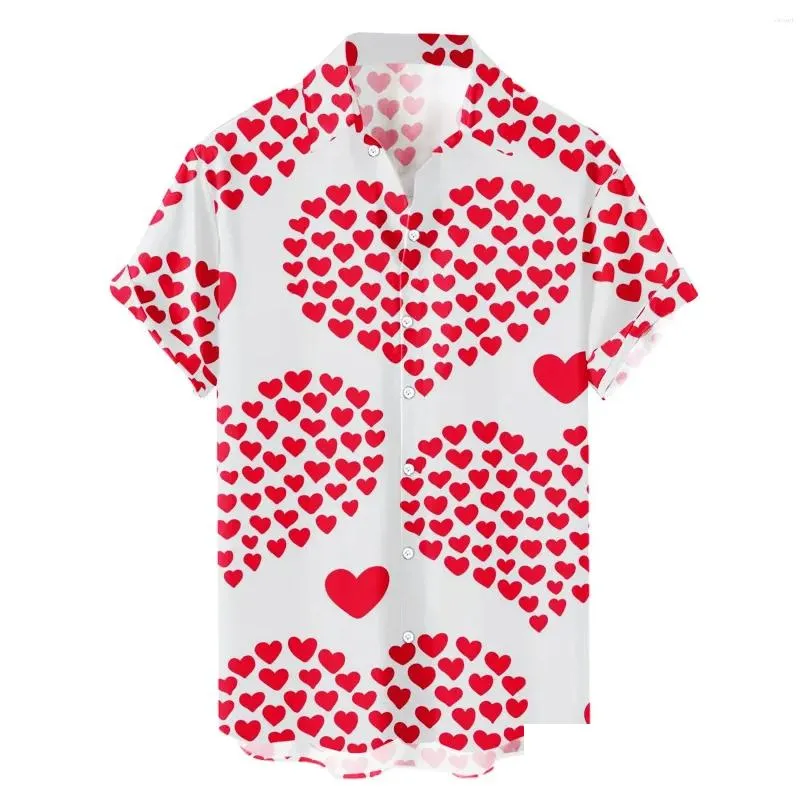 Men`S T-Shirts Mens T Shirts Heart Love Dots Print Men Shirt Summer Short Sleeve Blouse Button White Valentine Day Clothes Party Socia Dhjb5