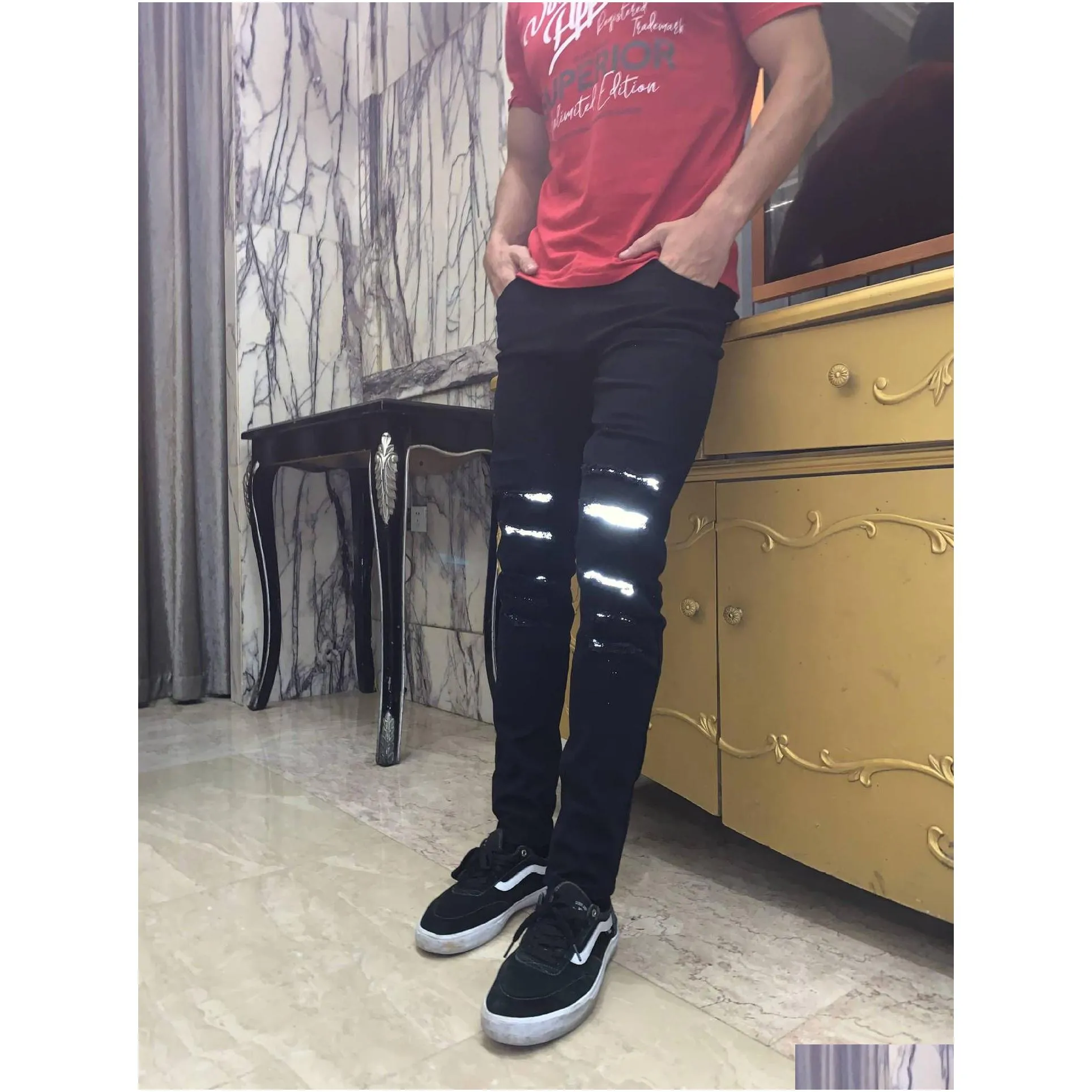 Men`S Jeans Mens Hip Hop Reflective Slim Fit Clothing Ripped With Holes On The Knee Died Denim Joggers Fashion Drop Delivery Apparel Dh7Ft