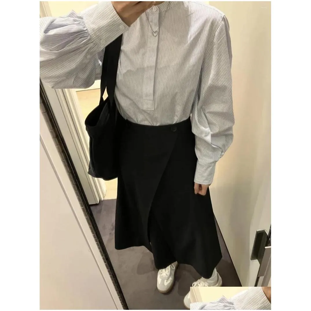 Women`s Blouses Women Stand Collar Stripes Shirt Spring Summer All-Match Female Pleated Blouse 2024