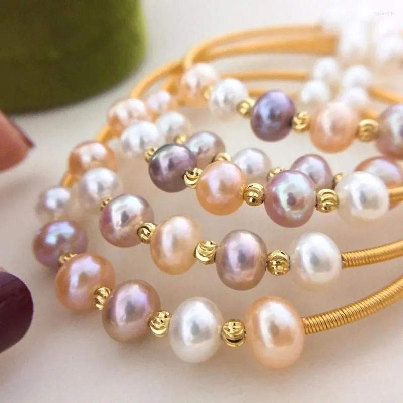 Bangle Women`s Hand Winding 14K Gold Plated Candy 6-7mm Freshwater Pearl Open Bracelet