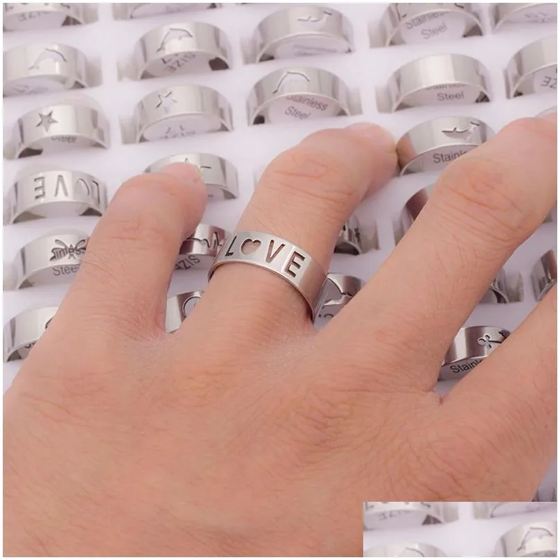 Band Rings 100 Pcs Fashion Hollow Sier Color Stainless Steel For Men Womens Mix Animal Love Jesus Etc Style Size 17Mm To 21Mm Drop De Dh2If