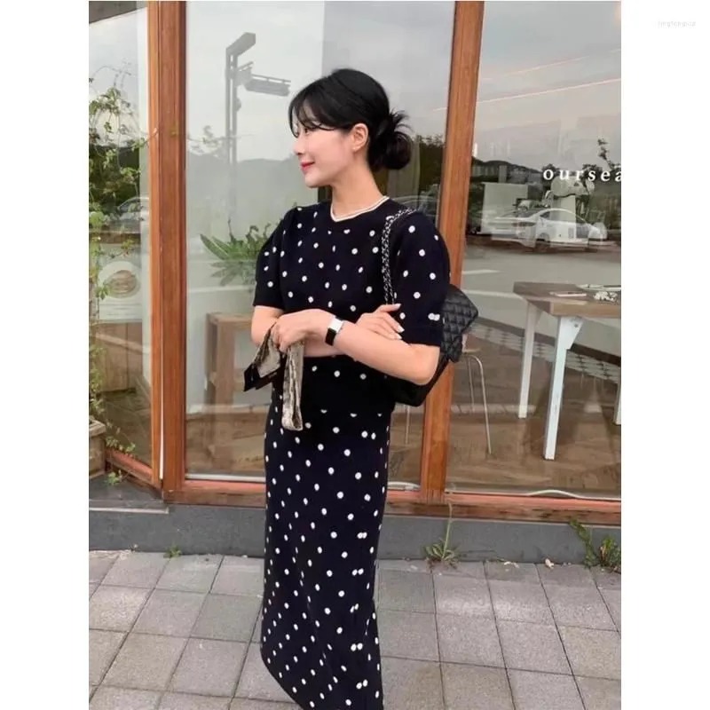 Work Dresses Elegant Women Knitting Skirt Sets Dot Print Pullover Puff Sleeve Tops Shirt Elastic Waist Straight Hips 2pcs Female Suits