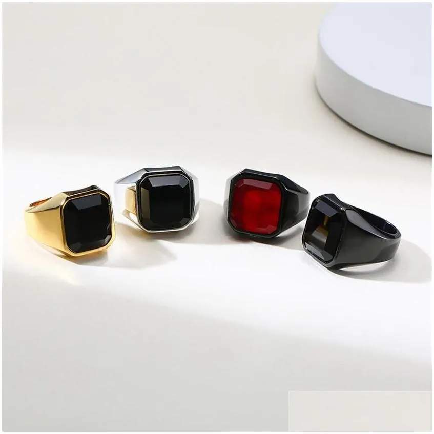 2021 Stylish Mens Signet Pinky Ring Gold and Silver Tones Stainless Steel Black Stone anel masculino Male Accessory229a