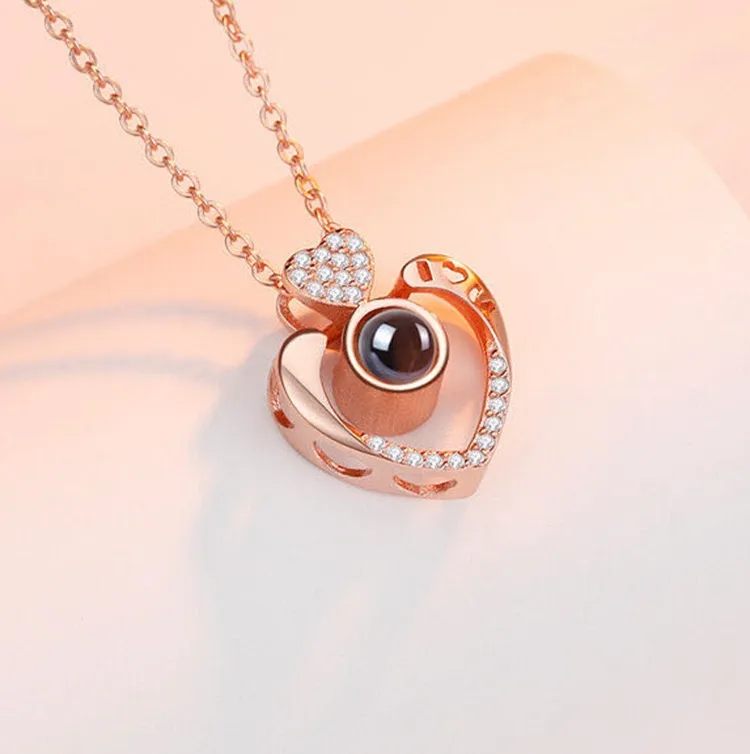 Pendant Necklaces Fashion Jewelry Heart Projection Hollow Out 100 Kinds Of Languages I Love You Memory Necklace Female Dithering Tone Otyom