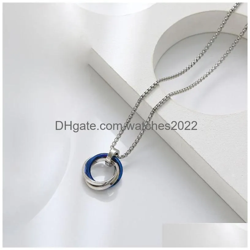 Pendant Necklaces Crystal Diamond Mens Rose Gold Sier Black Blue Rainbow Fashion Stainless Steel Three Round Circle Ring Necklace Hip Dhtw9