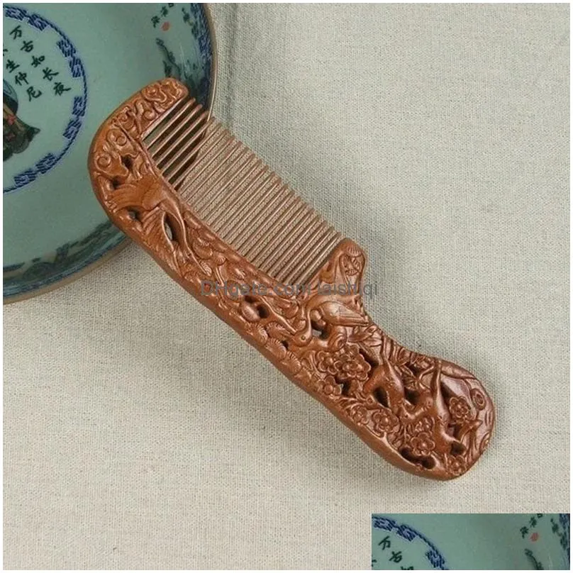 natural peach wooden comb handmade decorative carved pattern hollow out handmade wooden portable girl gift massage hair combs