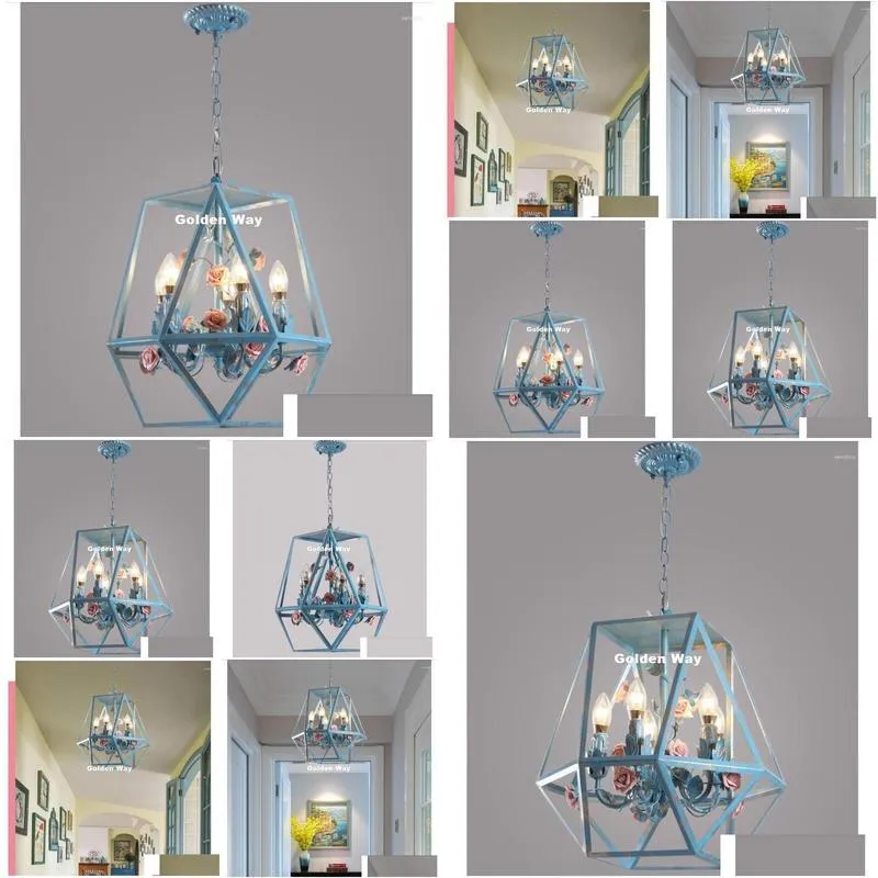 Chandeliers Floral Decora Pendant Chandelier D42Cm H43Cm Blue Color Iron Dining Room Living Rose Lights Lamp Home Drop Delivery Dhmfd