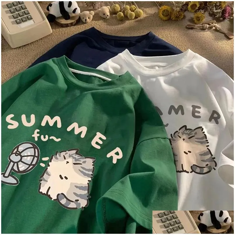 Women`S T-Shirt Kawaii Cat Tshirt Women Short Sleeve Summer Tops Korean Fashion Cartoon Tee Female T Shirts O Neck Solid Cute Clothes Otoyq