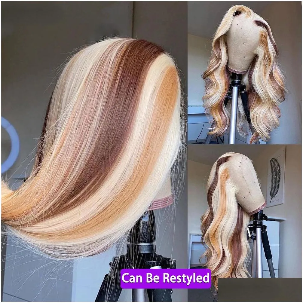 Synthetic Wigs 180 Density Brazilian Highlight Blonde Colored Simation Human Hair Wig Body Wave Ombre Hd Transparent Straight Lace Fr Dhuy2