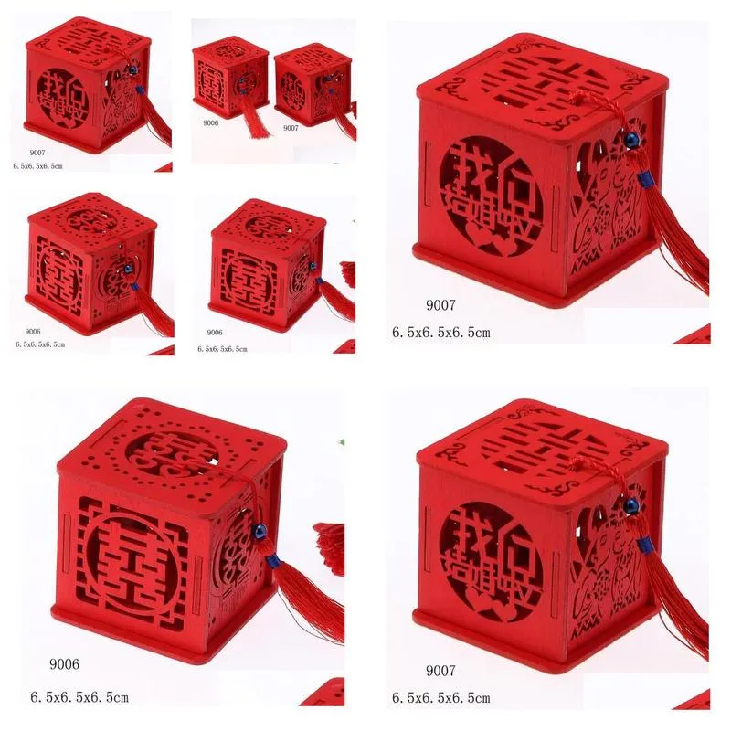 Packing Boxes Wholesale 100Pcs/Lot Wood Chinese Double Happiness Wedding Favor Candy Box Red Classical Sugar Case With Tassel Drop Del Dhrwj
