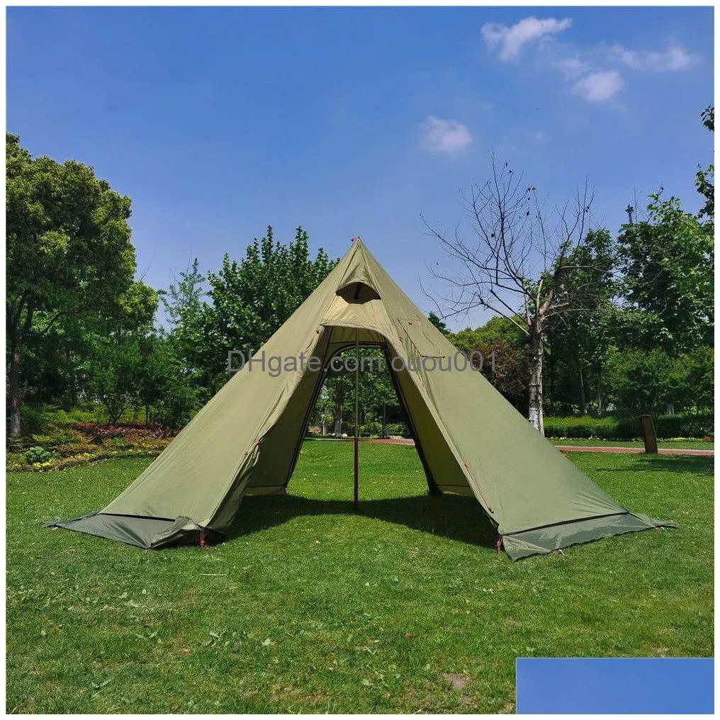 Tents And Shelters 3-4 Person Pyramid Tent Shelter Tralight Outdoor Cam Teepee With Snow Skirt Chimney Hole Hiking Backpacking Drop D Dhzip