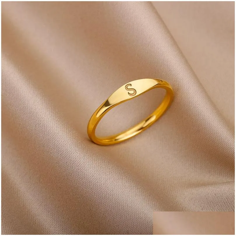 Band Rings Gold Tiny Initial Letter For Women Fashion A-Z Finger Stainless Steel Ring Aesthetic Wedding Jewelry Gift Bijoux Drop Deli Othpp