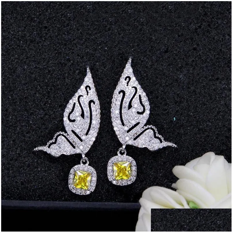 Charm Fashion Butterfly Earrings Jewelry Designer Bride Wedding 925 Sterling Sier Post Yellow Blue Aaa Cubic Zirconia Copper Earring Dhluy