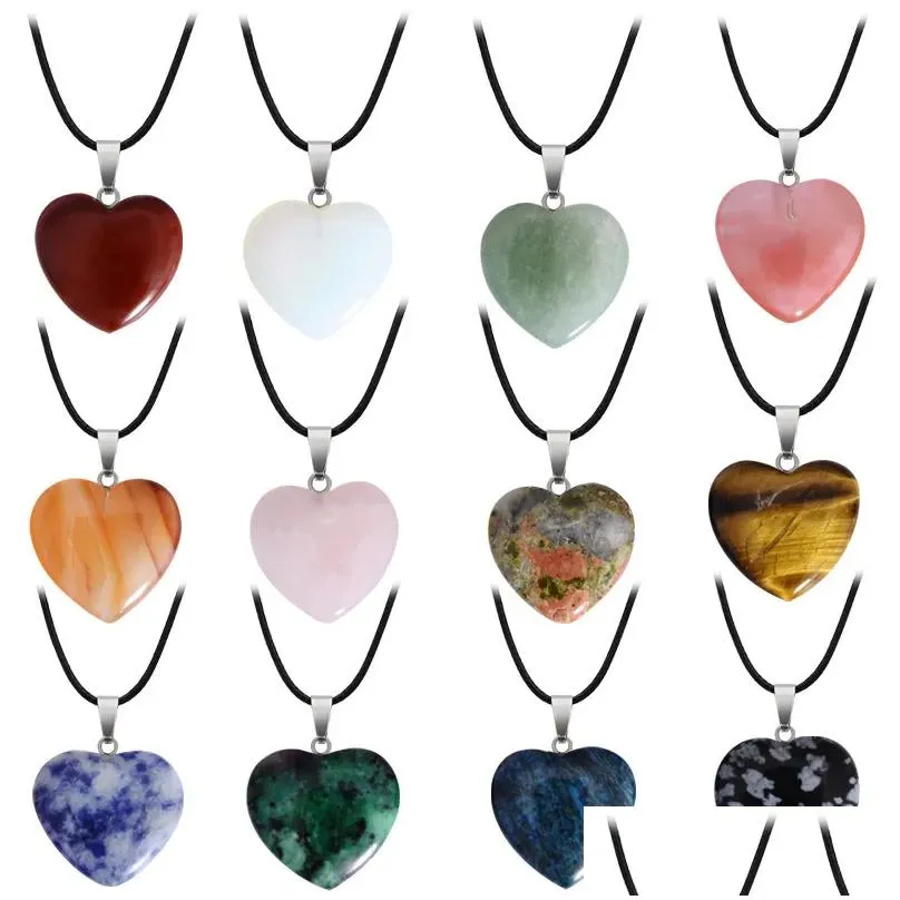 Pendant Necklaces Natural Crystal Stone Necklace Hand Carved Creative Heart Shaped Gemstone Fashion Accessory Gift With Chain 20Mm Dro Dhbru