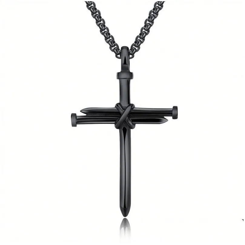 Pendant Necklaces Mens Nail Cross Fashion Stainless Steel Link Chain Necklace Black Rose Gold Sier Punk Style Hip Hop Jewelry For Wome Dhvur