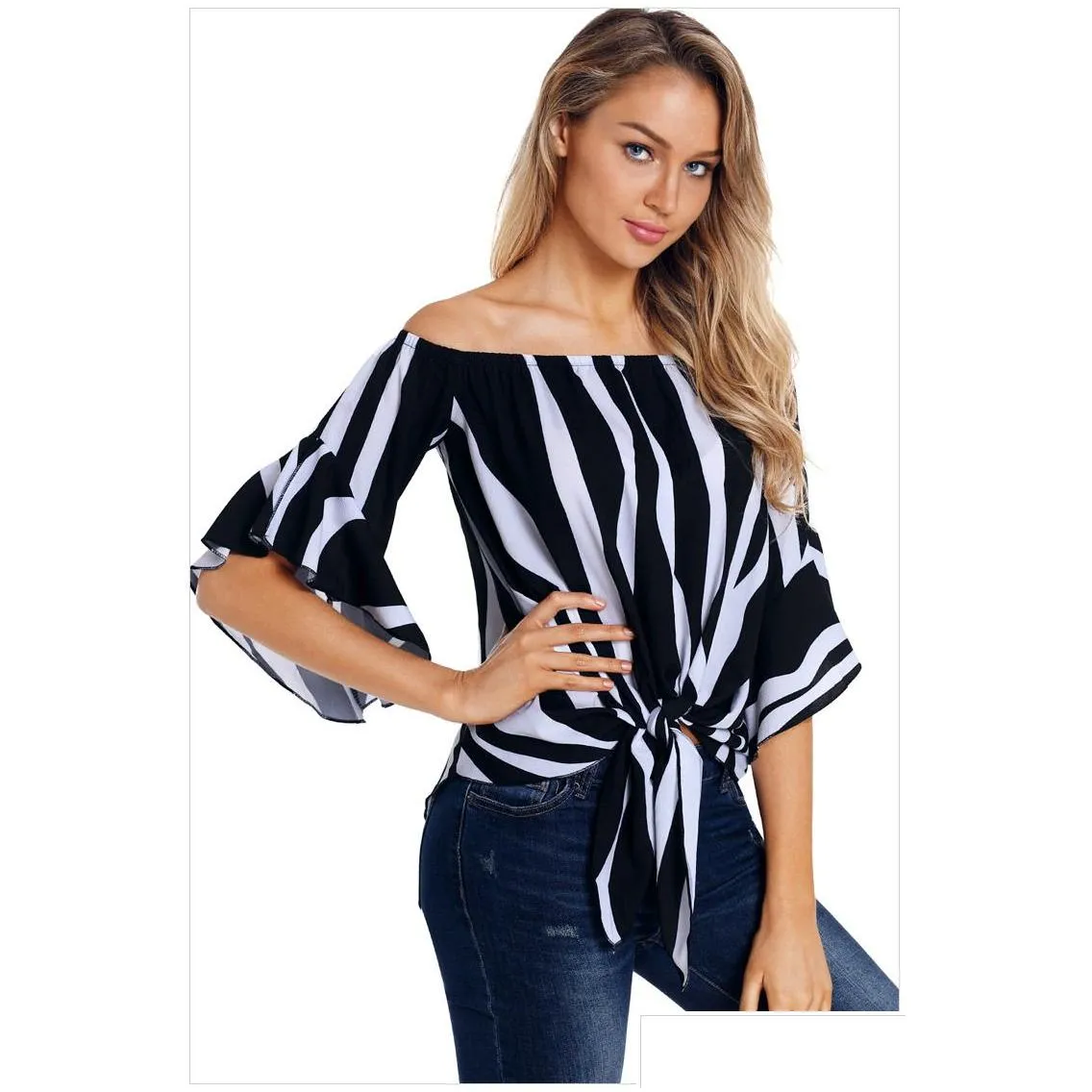 Women`S T-Shirt Womens 6 Colors Women Tube Top Off-Shoder Striped Shirt Fashion Loose Short Sleeves Summer Clothing Drop Delivery Appa Dhnig