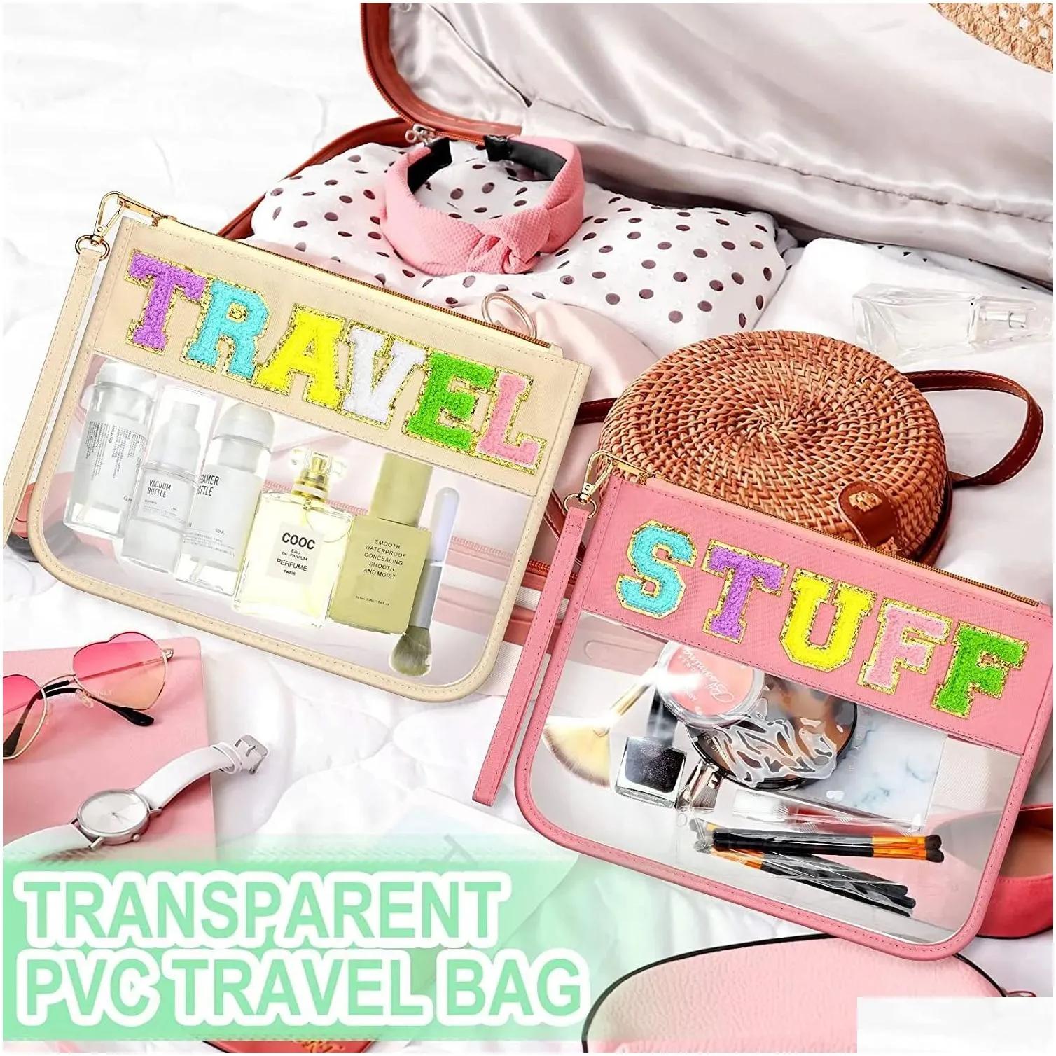 Storage Bags Clear Embroidery Chenille Letter Makeup Bag Pvc Stuff Waterproof Valentines Day Drop Delivery Home Garden Housekeeping Or Dhql9