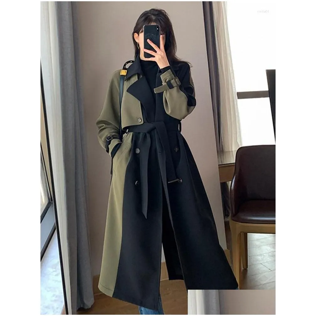 Women`S Trench Coats Womens Twotwinstyle Hit Color Temperament For Women Lapel Long Sleeve Work Single Breasted Temeprament Windbreake Dhxum