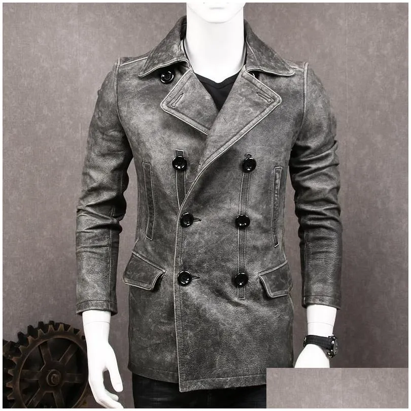 Men`S Leather & Faux .Winter Man Thicker Jacket Mens Genuine Coat.Vintage Gray Cowe Clothes.Long Clothing Drop Delivery Apparel Outerw Dhz9U