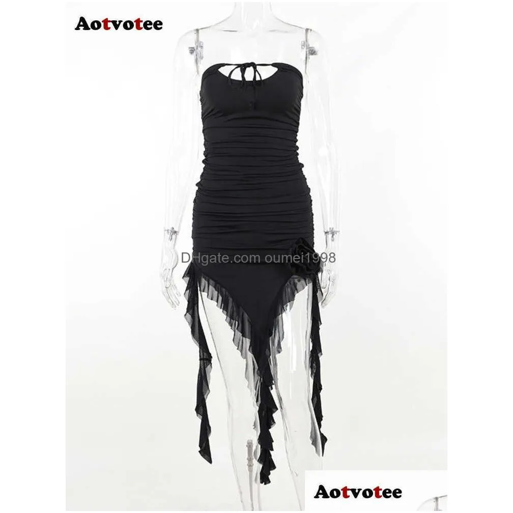 Basic & Casual Dresses Irregar Ruffle Mini Dress For Women Summer Strapless Robe Lace-Up Off-Shoder Backless Club Party 2023 Drop Del Dhvcm
