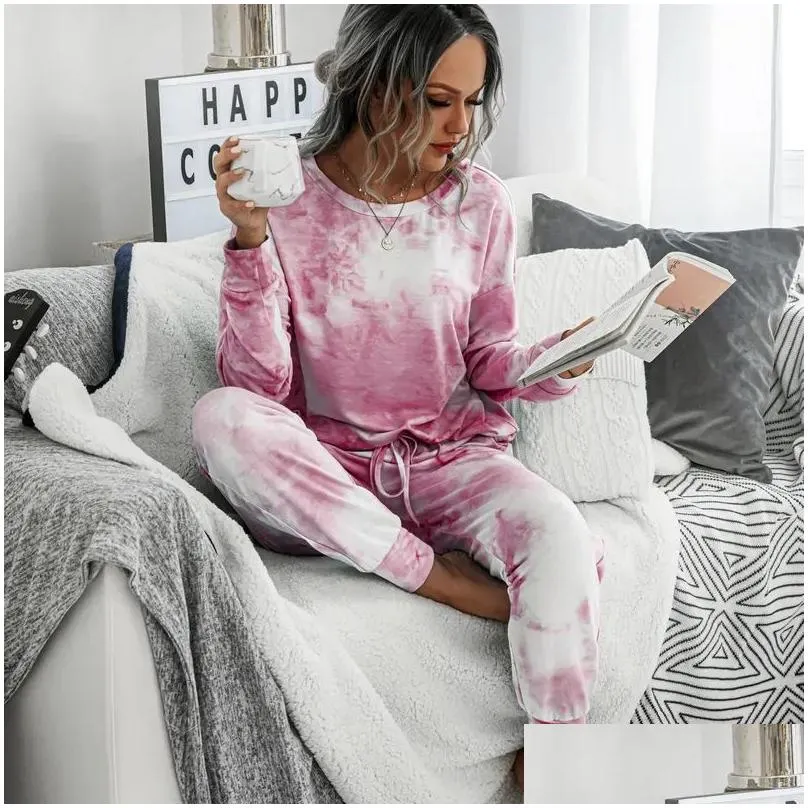 Women`S Two Piece Pants Womens Casual Tie Dye Long Sleeve Loungewear Printed Round Neck Ploverleisure Set Drop Delivery Apparel Cloth Dhel4