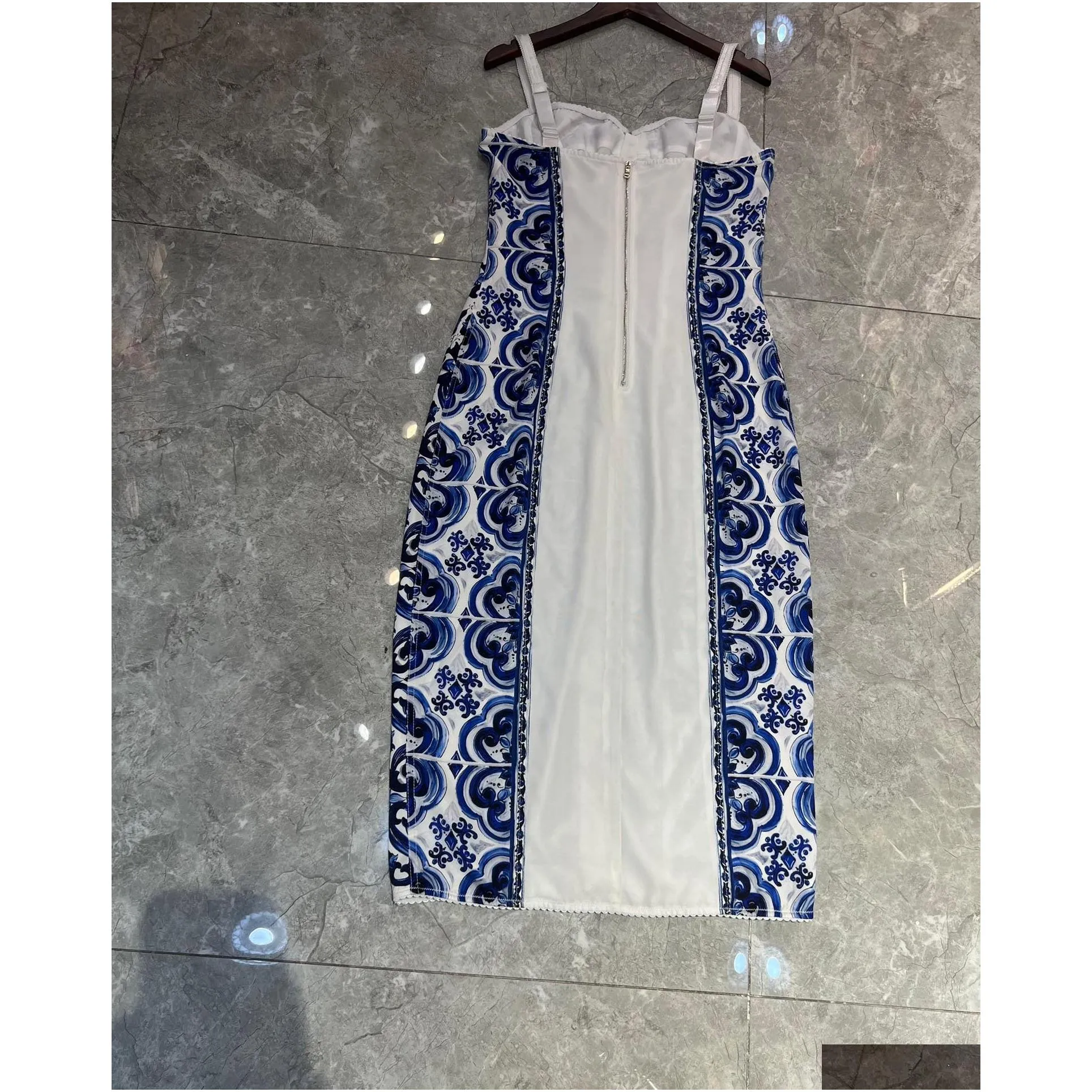 womens dress blue and white porcelain printed silk gathered waist midi slip dress