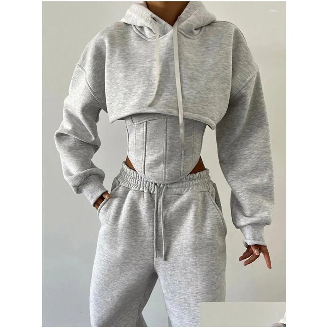 Women`S Two Piece Pants Womens Fashion 3 Pieces Hoodies Set Women Tracksuits Hooded Long Sleeve Cropped Sweatshirt Bandage Corset Swe Dhbft