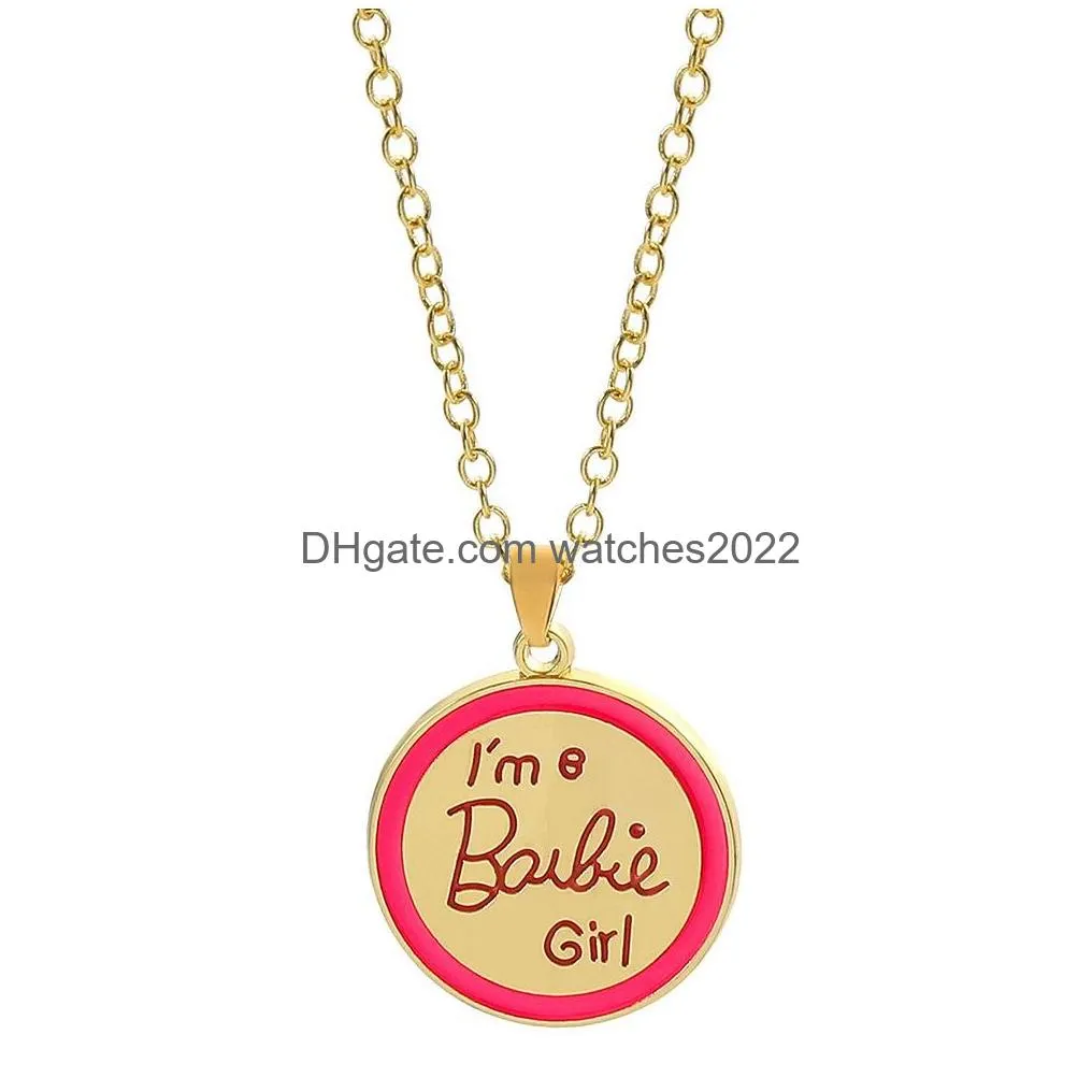Pendant Necklaces Cute S Letter Pink Color Round With Gold Link Chain Girls Princess Party Jewelry Charms Fashion Design Accessories F Dhzix