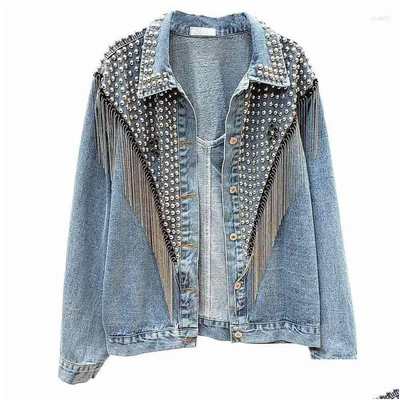 Women`S Jackets Womens Spring Summer Woman Denim Coat Beading Rivet Vintage Boyfriend Style Jacket Female Chic Fashion Long Sleeve Dro Dhz3P