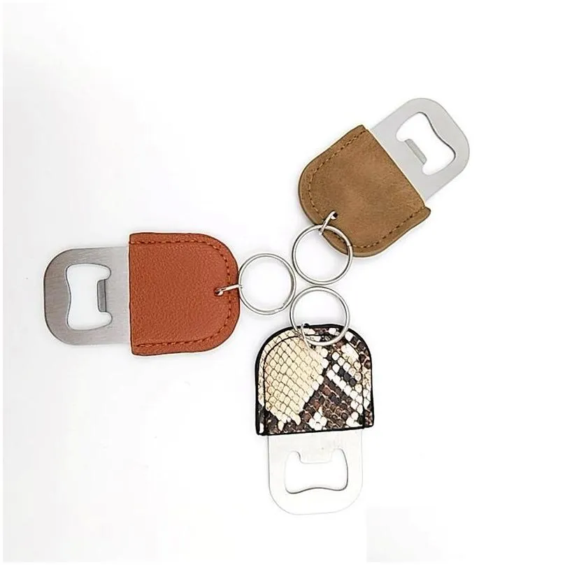 stainless steel bottle opener keychain pendant pu leather keychain household kitchen tool corkscrew keyring